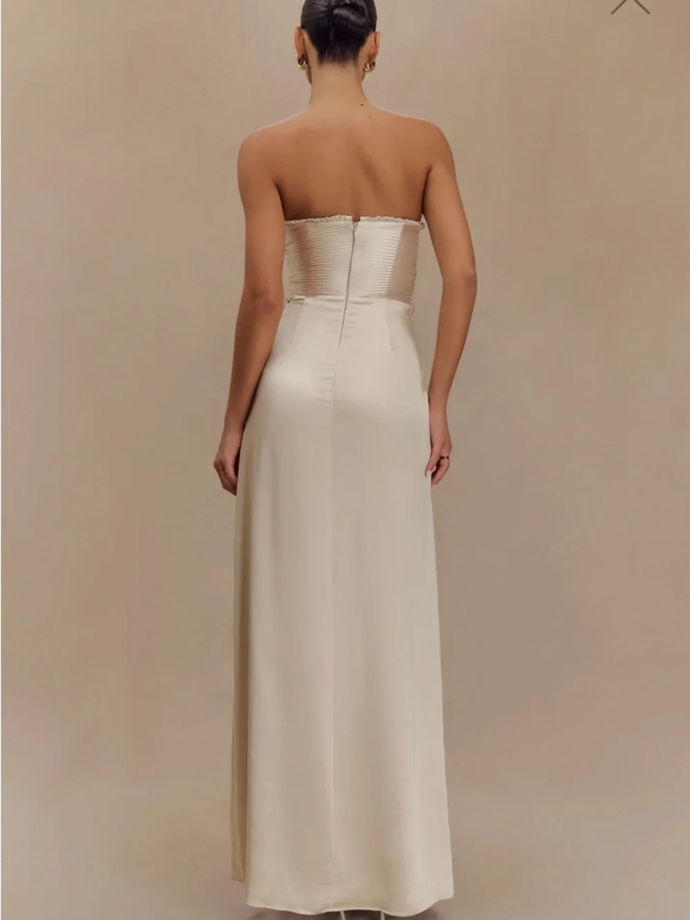 MESHKI Larissa Satin Maxi Dress With Ruched Petals - Blush Gold Size Small - Picture 5 of 6